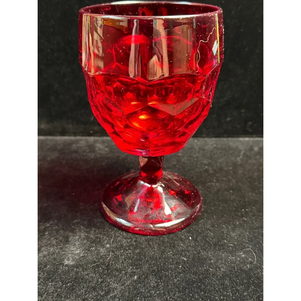 Vintage Ruby Red Glass Goblet‎ Thumbprint Pattern Stemware Wine Water Glass